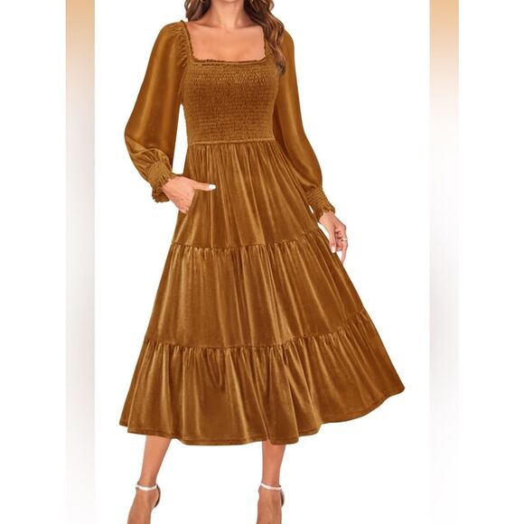 Dresses & Skirts - NWT SZ‎ Med Smocked Velvet Tiered Maxi Dress in Mustard